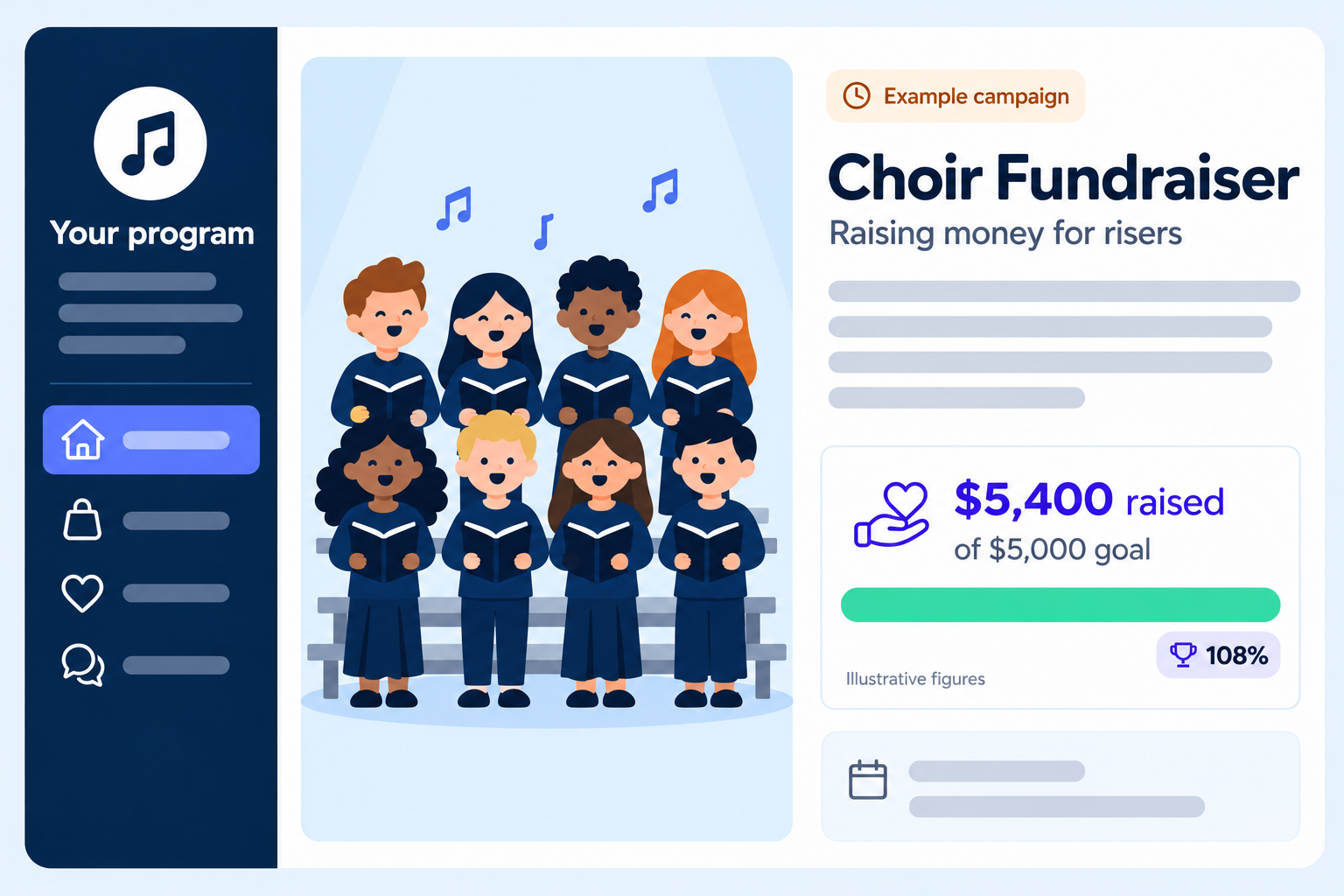 Illustrative choir donation fundraiser showing an example shared goal, not real customer results