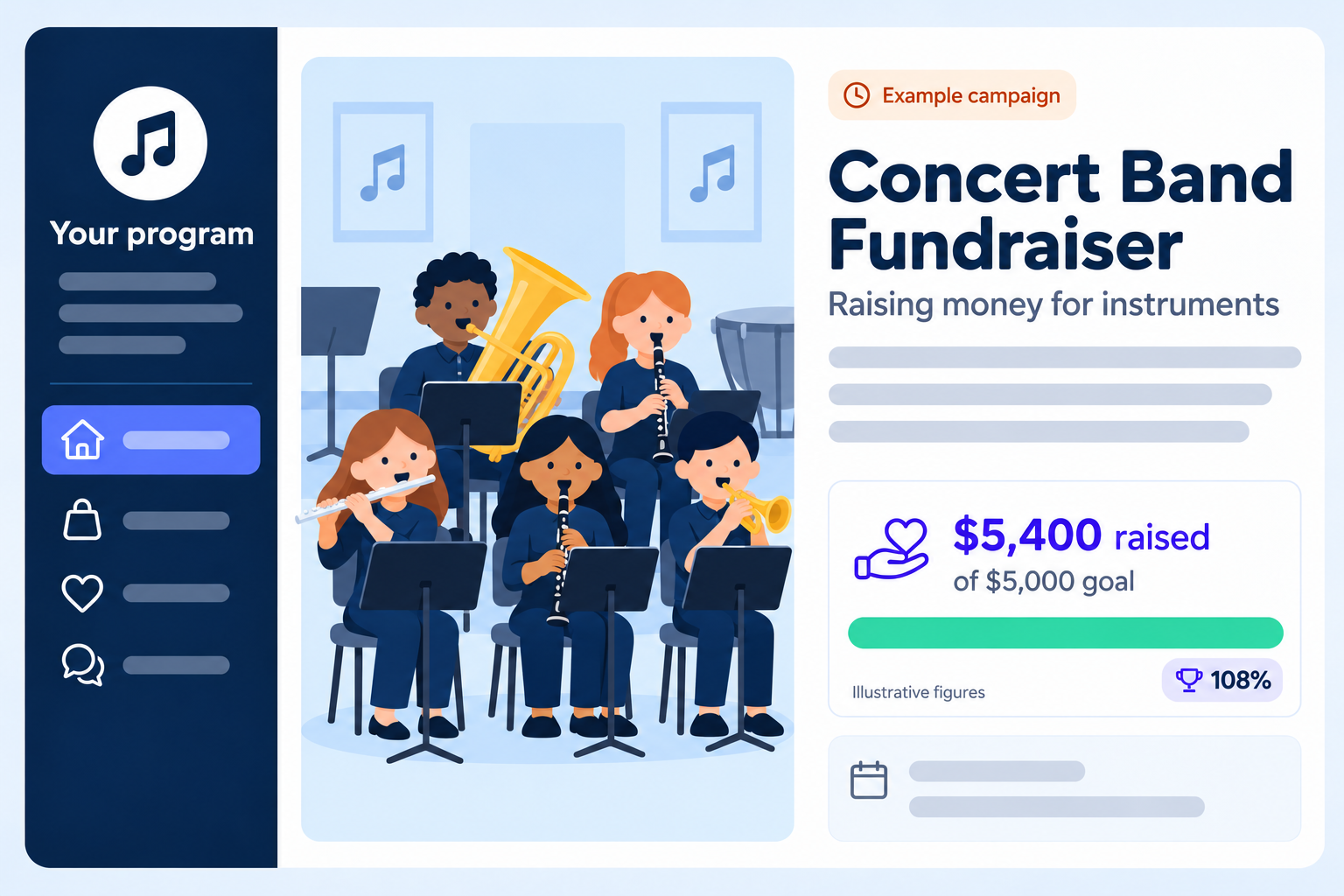 Illustrative concert band donation fundraiser showing an example shared goal, not real customer results