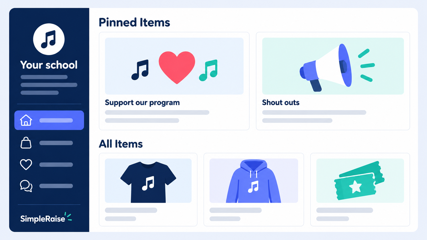 Illustrated school storefront with donation opportunities, merchandise, and event tickets