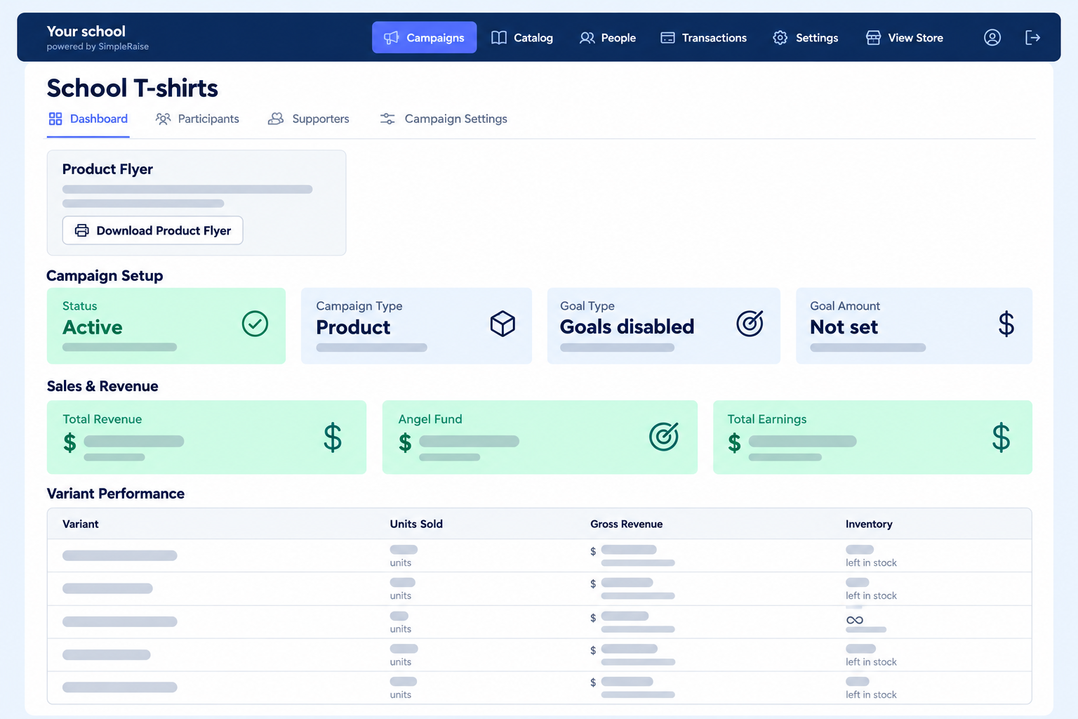 Illustrated campaign dashboard for reviewing fundraising setup and sales